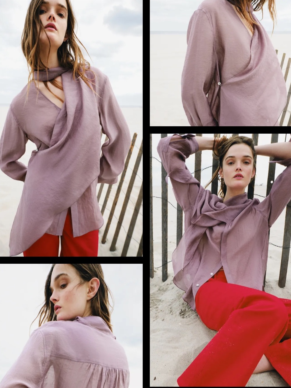ZARA ZW Collection Scarf Shirt Lilac Mauve Draped Sheer Blouse Tunic Top Women M